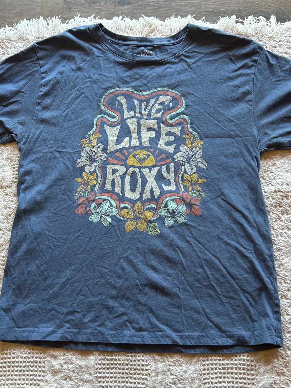 Roxy Navy Blue Live Life Graphic Tee with Multicolor Floral Print